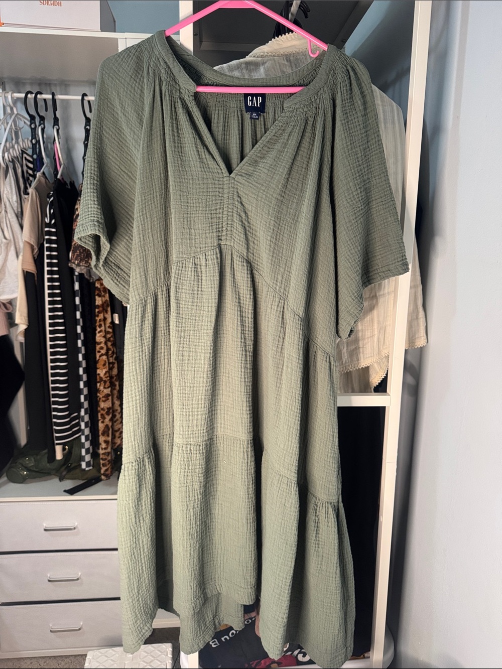 GAP Olive Green Tiered Gauze Midi Dress